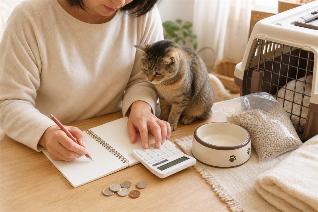 電卓と小銭で保護猫を迎える費用を計算する様子