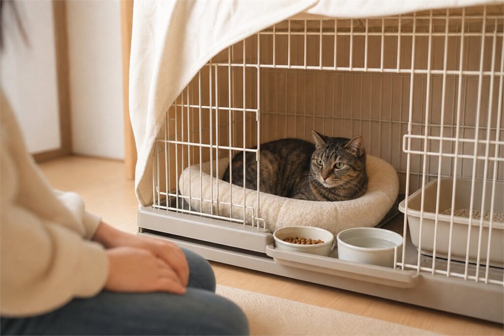 迎えた初日にケージの中で静かに休む猫
