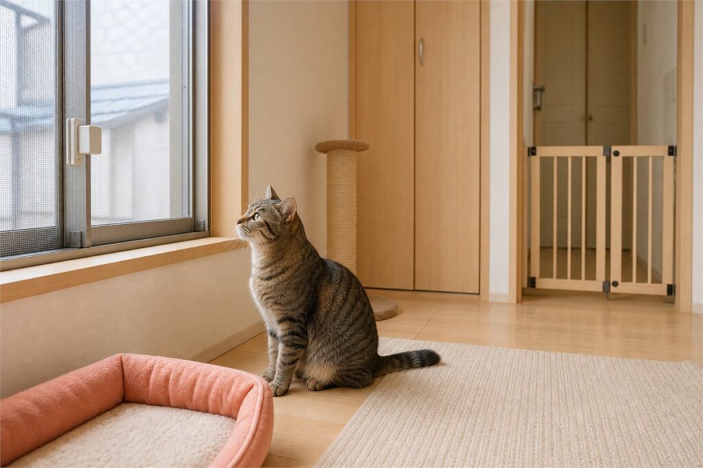 網戸ロックやペットゲートで安全対策をした部屋と猫