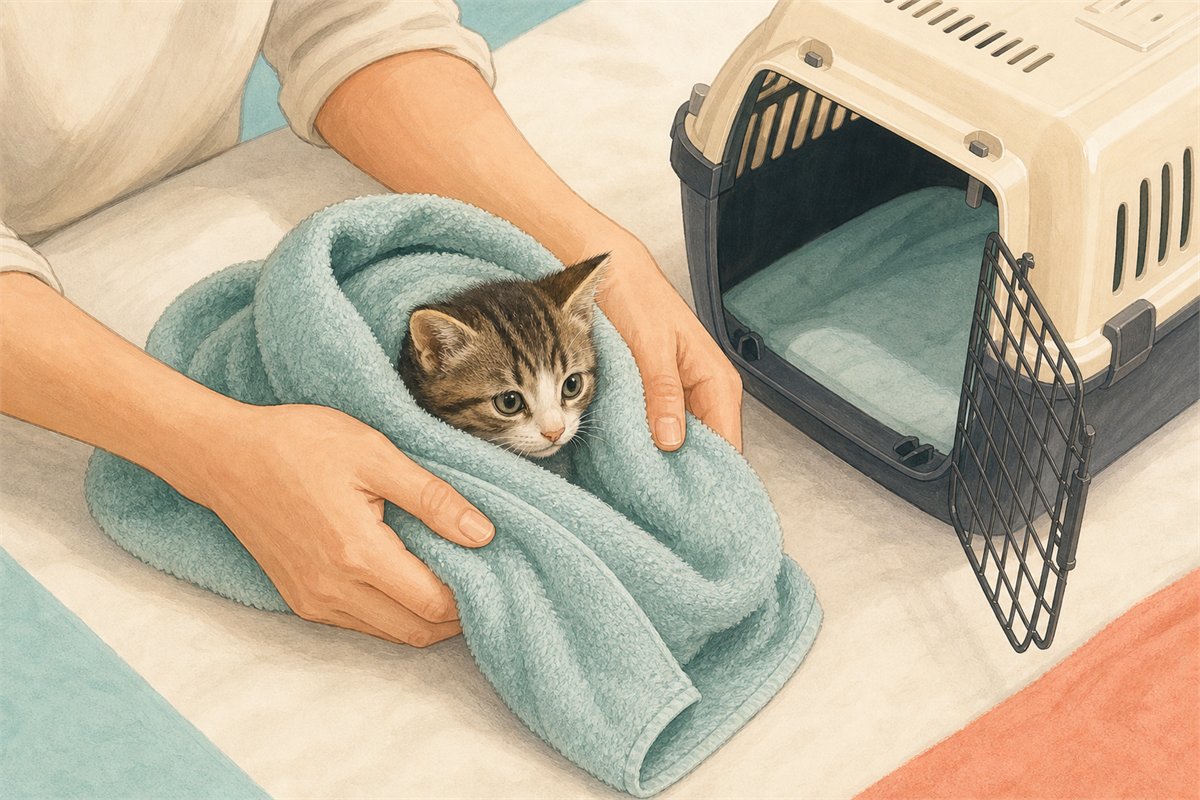 子猫をタオルで優しく包んで保護する様子のイラスト
